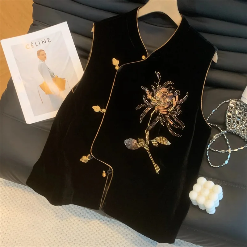 

Модный свободный кардиган с вышивкой и наклонной планкой, воротник-стойка, жилет, топ, легкий женский весенне-летний стиль в национальном стиле, новинка