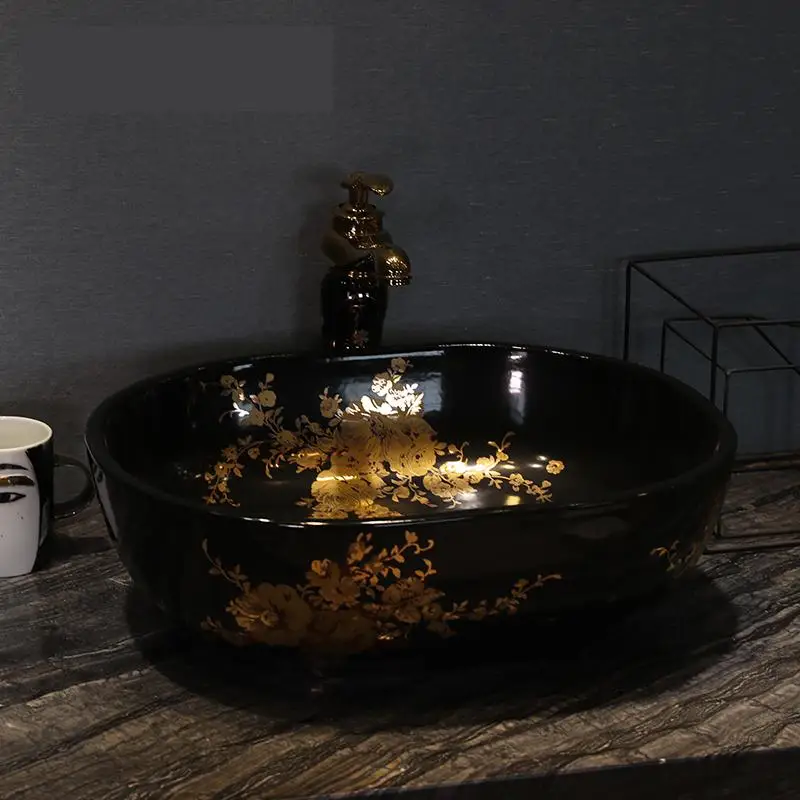 

Chinese ceramic bathroom basin hand wash bowls lavabo sink Bathroom sink Chinese art Basin oval black with gold pattern