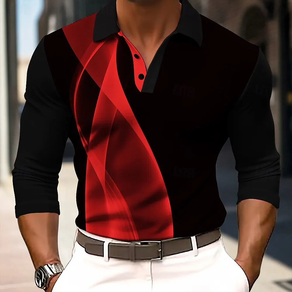 

Fashion Creative Stripe Polo Shirts For Men 3D Printed Loose Comfortable Long Sleeve Tops Autumn Lapel Button Breathable Clothes