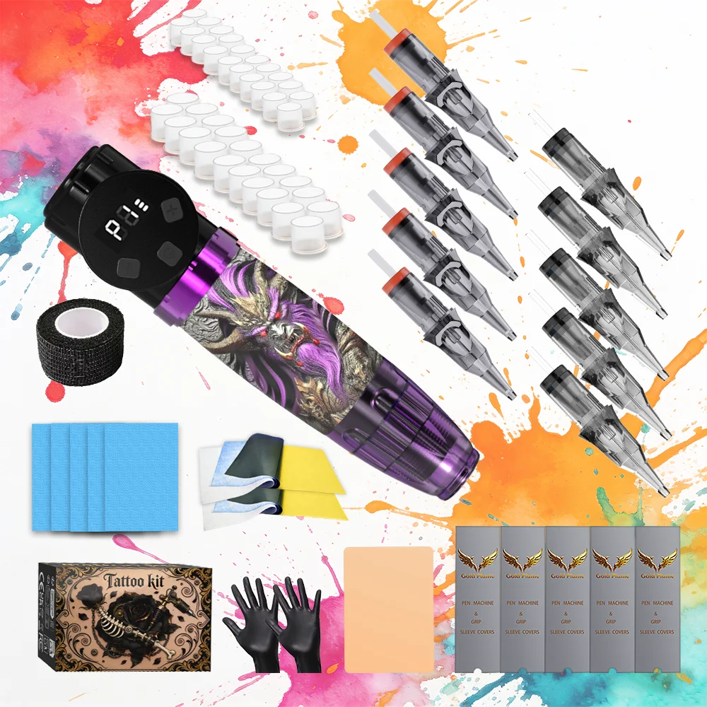 GOLDPLUME tattoo gun set includes 10 tattoo needles and other tattoo supplies, suitable for both beginners and professional tattoo artists.