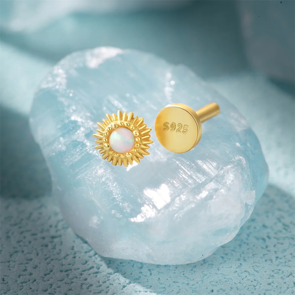 أقراط ثاقبة من الفضة الإسترليني للنساء ، عقيق أبيض ، طراز الشمس والقمر ، أقراط مرصعة بالذهب ، مجوهرات إسلامية ، زوج واحد