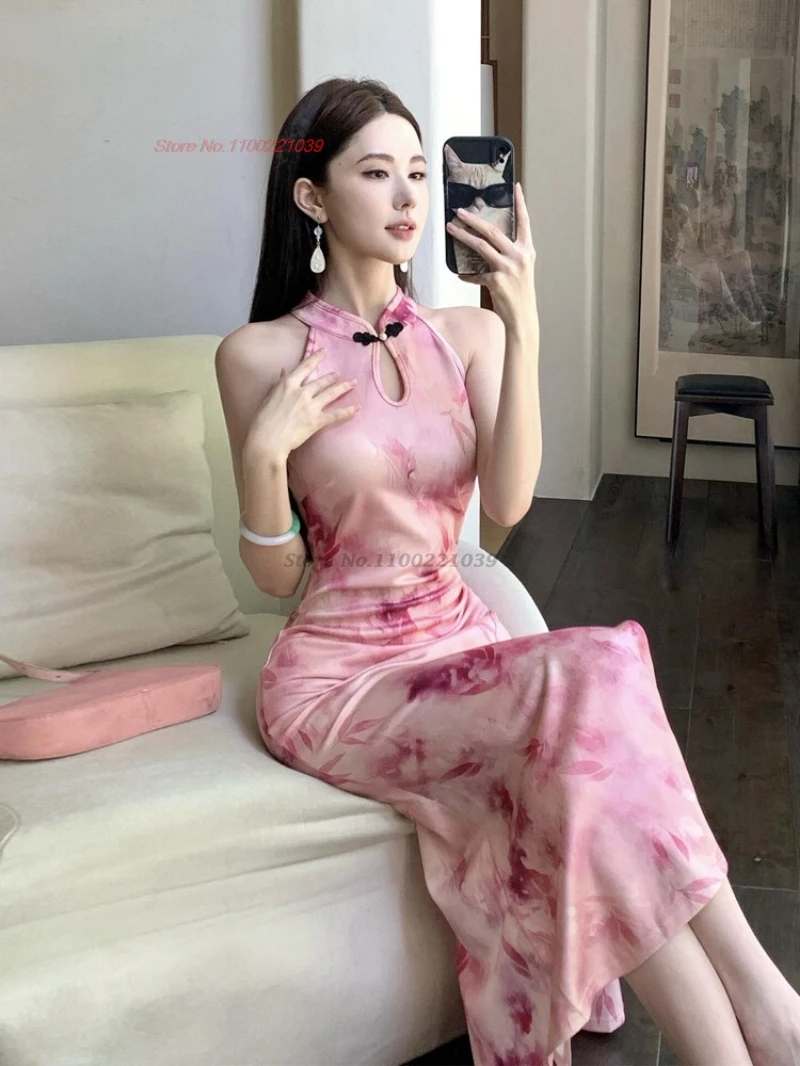 

2026 улучшенное китайское сексуальное ципао с принтом национальных цветов, без рукавов, платье-ципао для ночного клуба, вечернего банкета, платье-русалка.