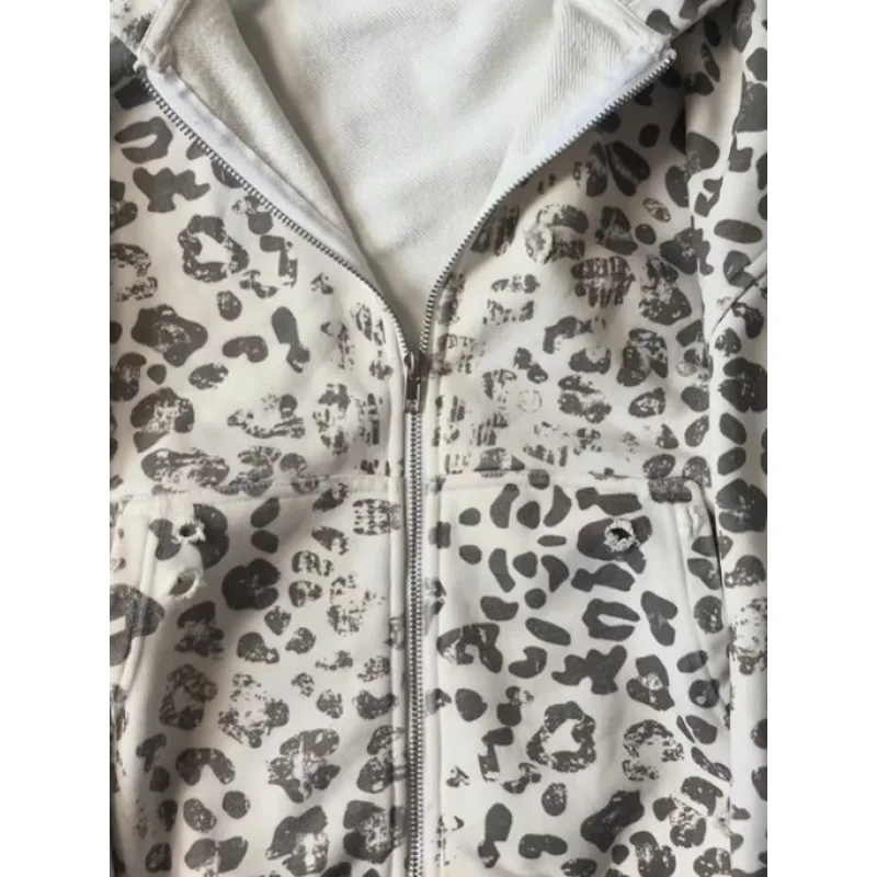Y2K 여성용 그레이 후디, 레오파드 무늬 가짜 모피 트림 엣지 재킷, 스트리트웨어 캐주얼 레트로 따뜻한 겉옷