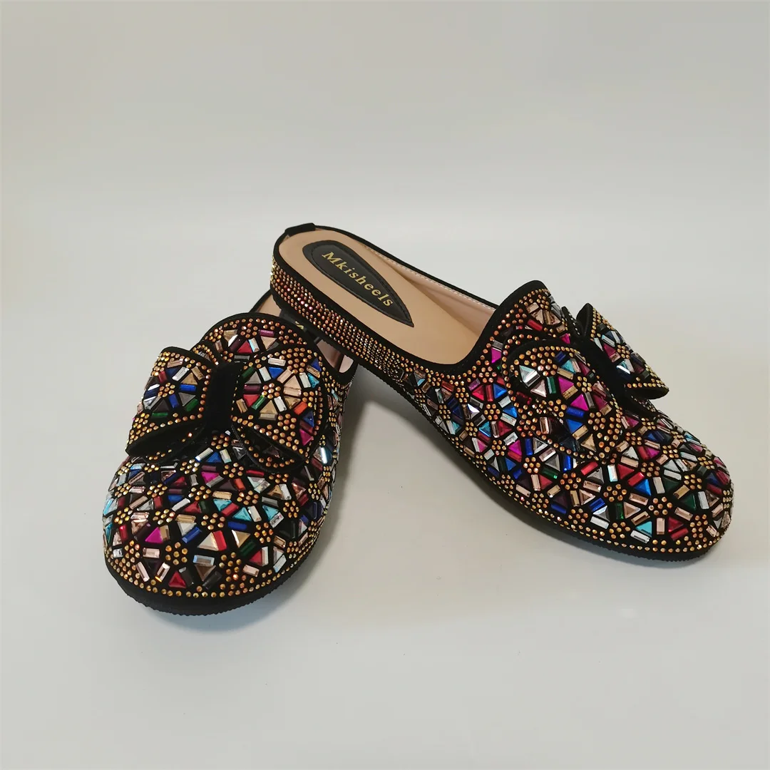 African Women Rhinestone Slippers Fashion Round-toe Rhinestone Flat Women Shoes  Mules Loafer Sandals Slides Ladies Shoe F1014-1