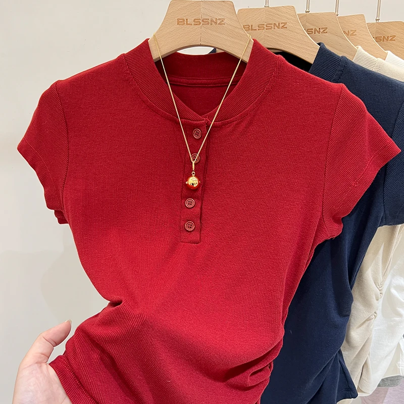 بلوزة نسائية قصيرة الأكمام بأزرار مفتوحة ، ملابس نسائية ، تيشيرت أحادي اللون ، أساسي ، كاجوال ، نحيف ، نحيف ، قمم ، تي شيرت