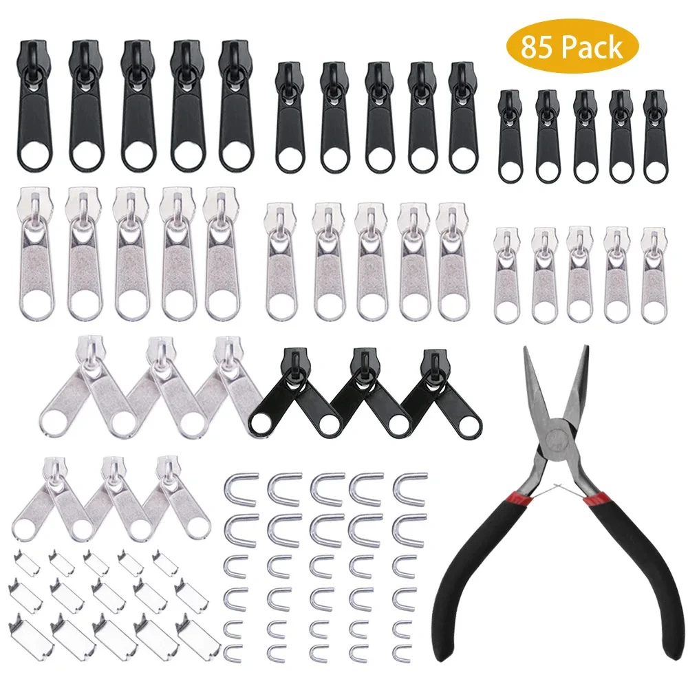 85Pcs/set Zipper Repair Kit Easy Fix Zipper Slider Head Puller Closure Universal Replacement Broken/Wearable Household Removable