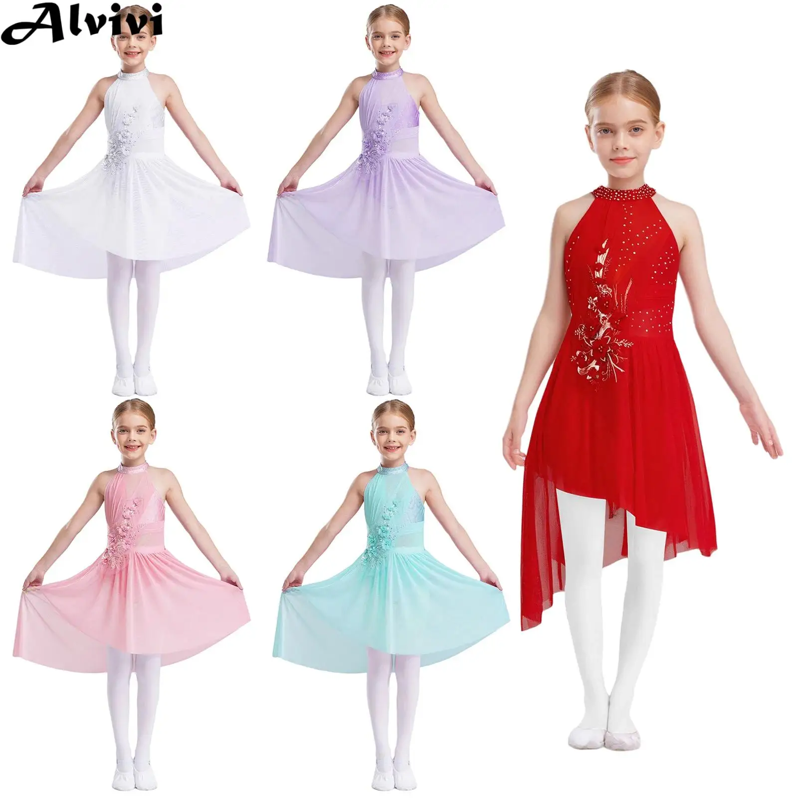 

Teen Girls Modern Lyrical Dance Performance Costume Rhinestone Mesh Applique Figure Skating Gymnastics Acrobatics Leotard Dress