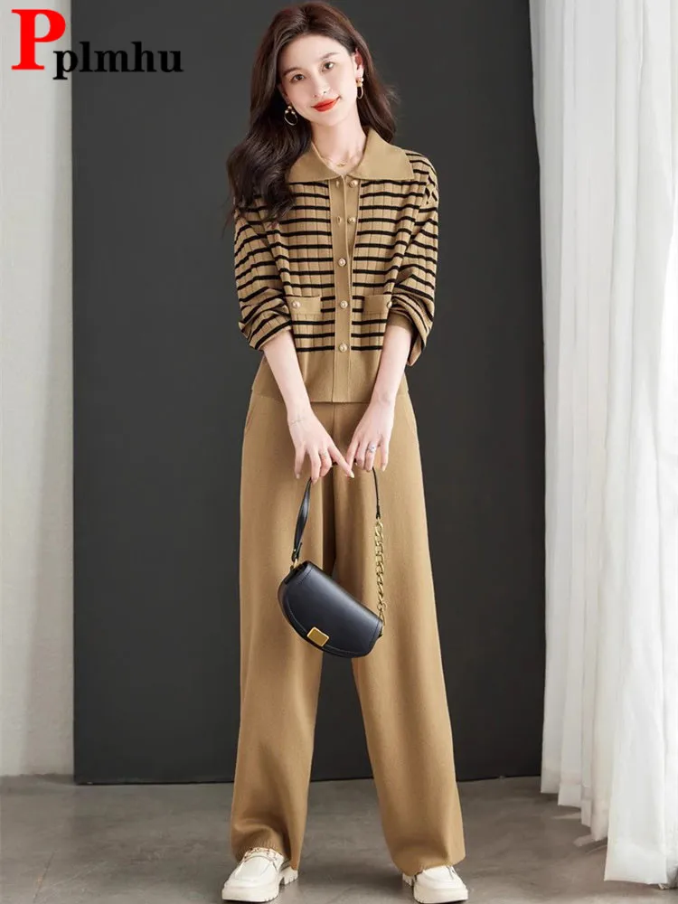 

Casual Knitted Sweater 2 Pieces Sets Korean Stripe Knitwear Cardigan Slim Tops Conjuntos High Waist Baggy Wide Leg Pants Suits