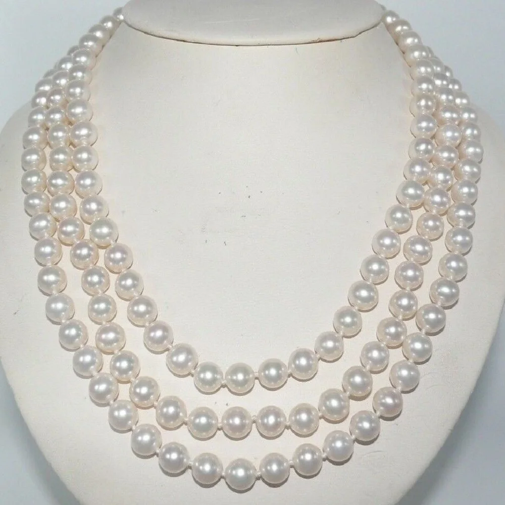 3Rows Natural 8-9mm South Sea White Pink gray black Pearl Necklace 17in 18in 19in