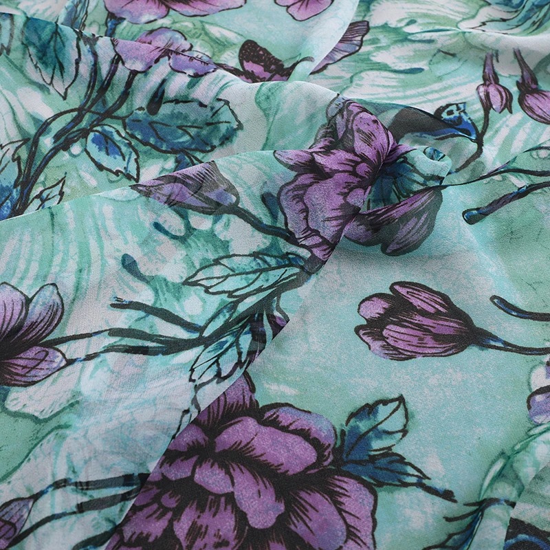 Georgette Silk Fabric for Summer Dresses, 140CM Wide Thin Soft Purple Floral Print on Blue Green Fabric 10MM Thickness R245