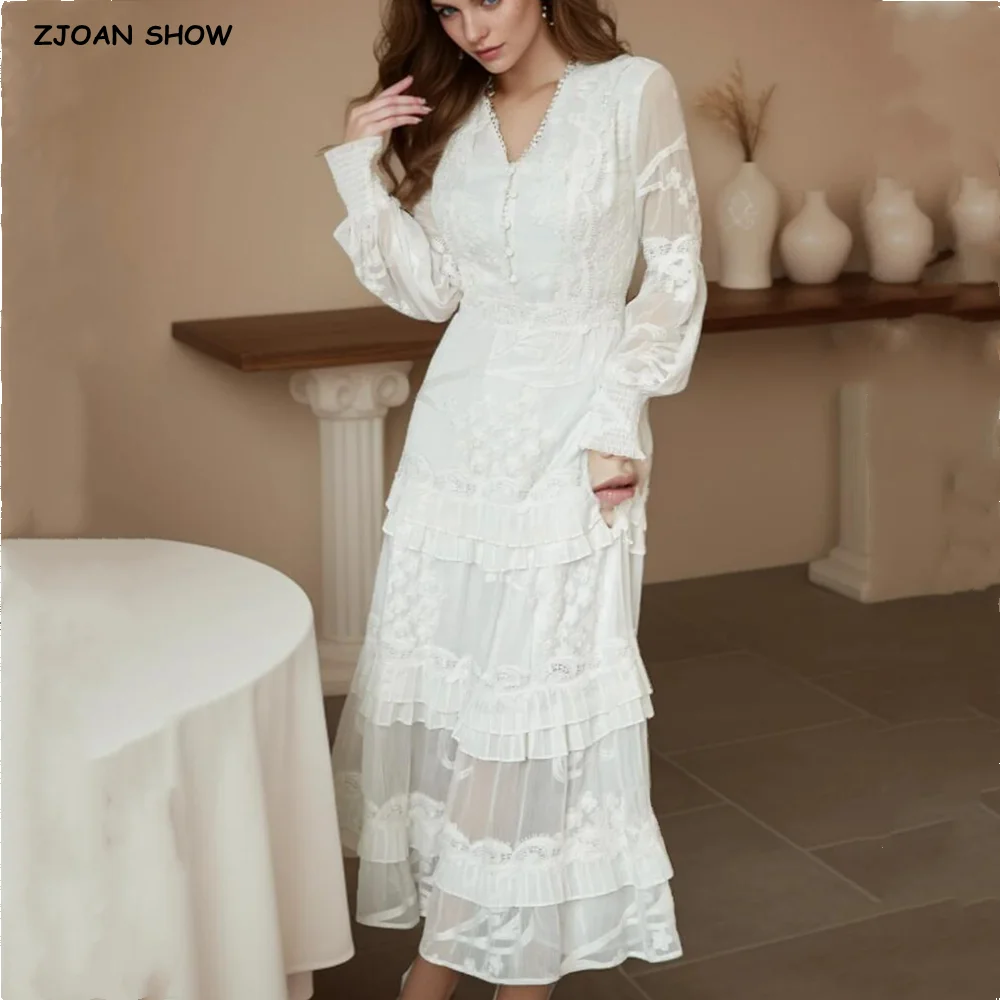 

2024 BOHO Women White Lace Embroidery Flower Midi Long Dress Female V neck Spliced Ruffles Hem Full Sleeve Holiday Robe Vestidos