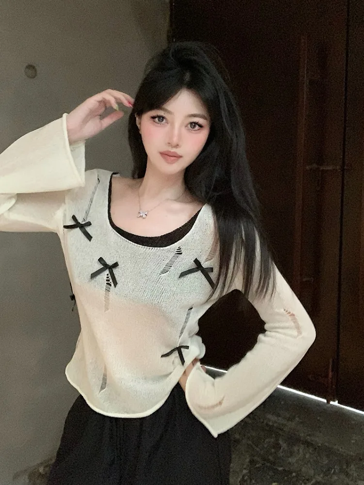 

Trendy Knot Slim Fit Knitted Sweater Color Block Hole Design Spring Autumn Women's Fashion Top Korean Style Long Sl...