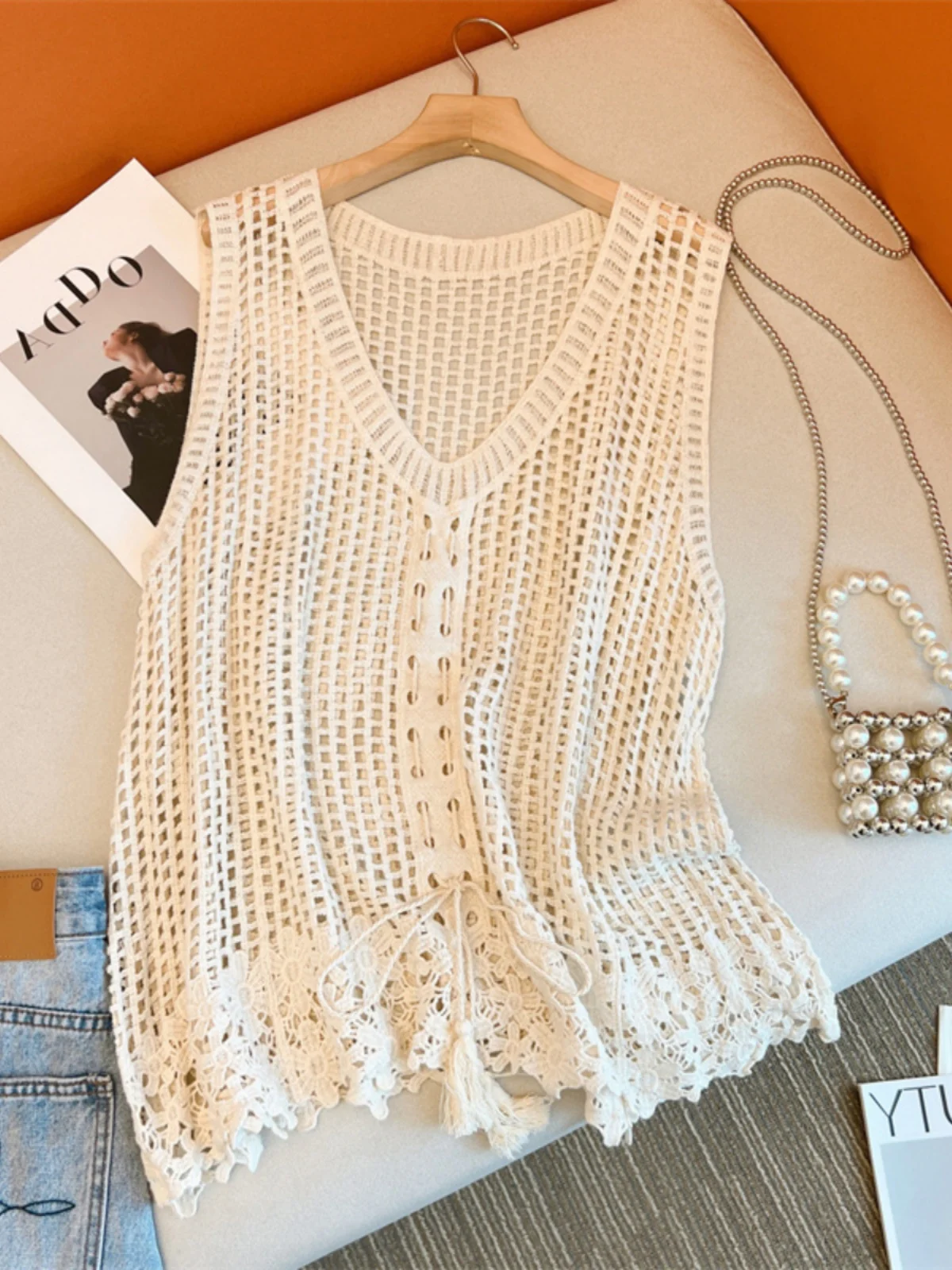 

Вязаный кружевной топ с V-образным вырезом и ажурными вставками для женщин больших размеров, летний, повседневный, комфортный, дышащий, из смесового хлопка