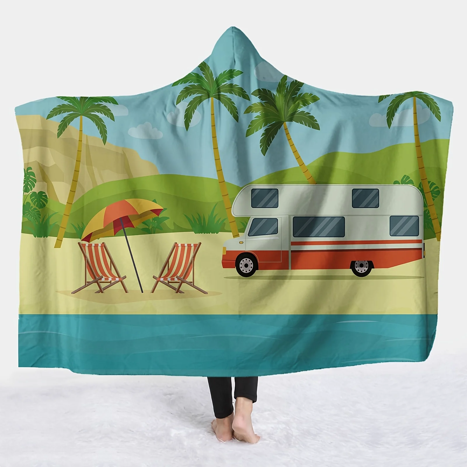 Open 1pc Camping Pattern Hooded Digital Printing Flannel Blanket Magic Soft Warm Blanket Suitable for Sofa