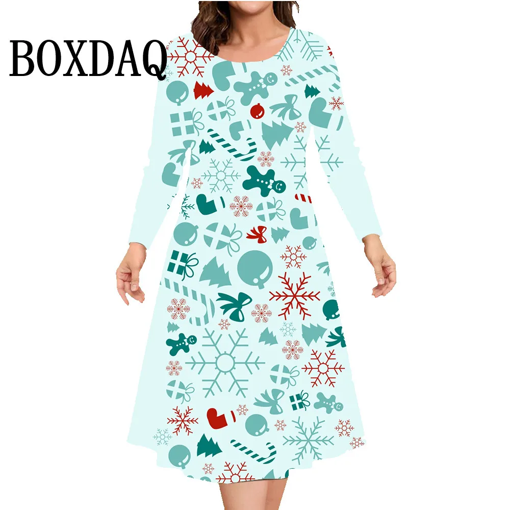 Autumn Winter Christmas Snowflake Dress Women Party Clothing Cute Sweet Squirrel Print Long Sleeve Dress Loose Plus Size Fashion