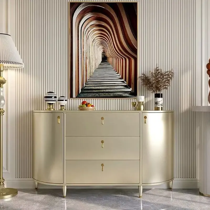 entrance cabinet is facing the door against  wall, and  side cabinet entrance rack is against the wall.