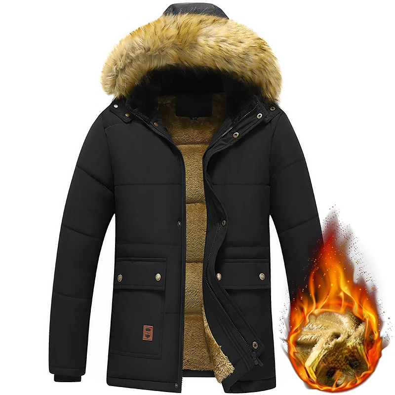 Parka forrado velo para homens, casaco grosso e quente, gola de pele com capuz, jaqueta de pelúcia preta, outono e inverno, tamanho 5XL, 2023, novo