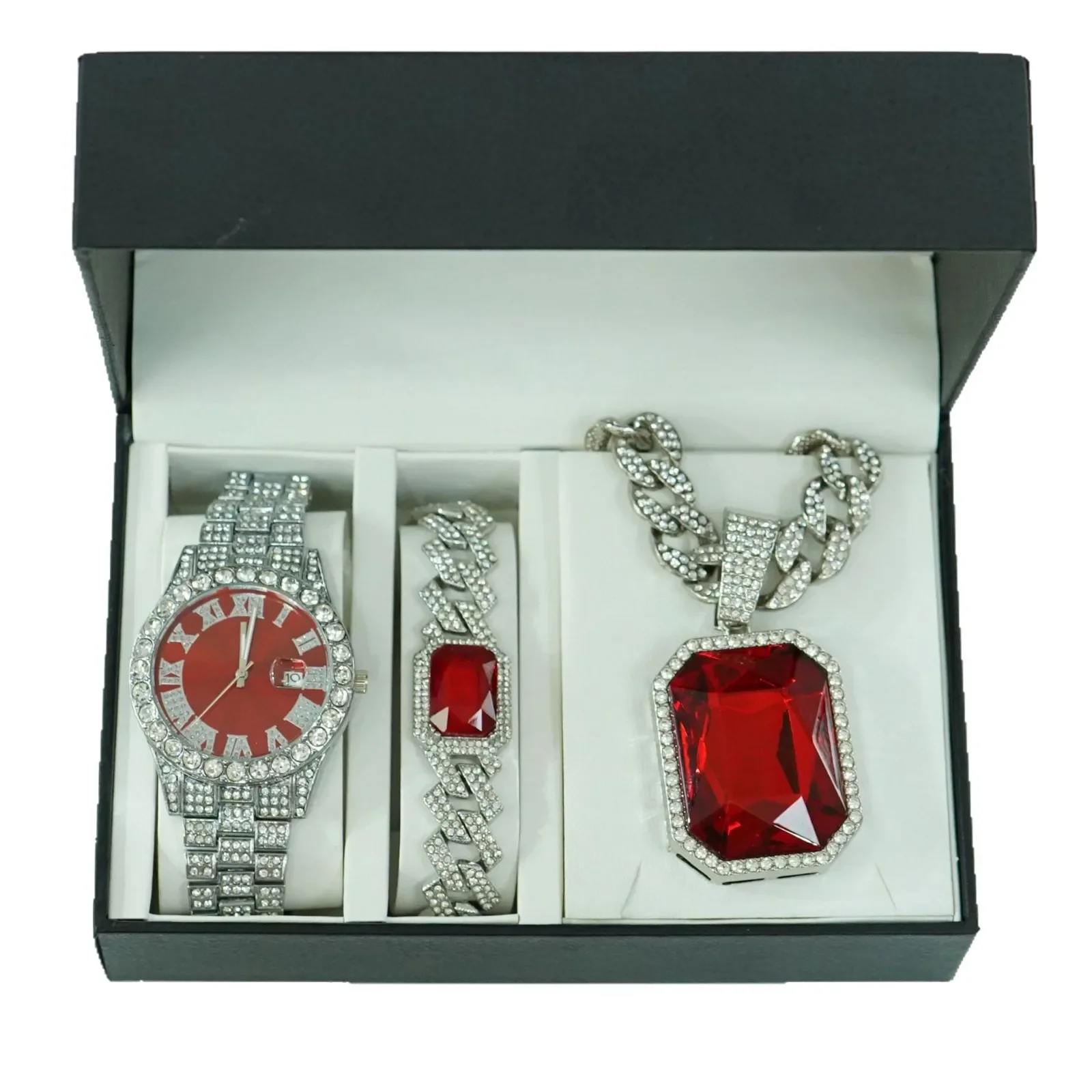 

Best-selling red gemstone alloy pendant bracelet necklace watch 3-piece set men's high-end gift box jewelry