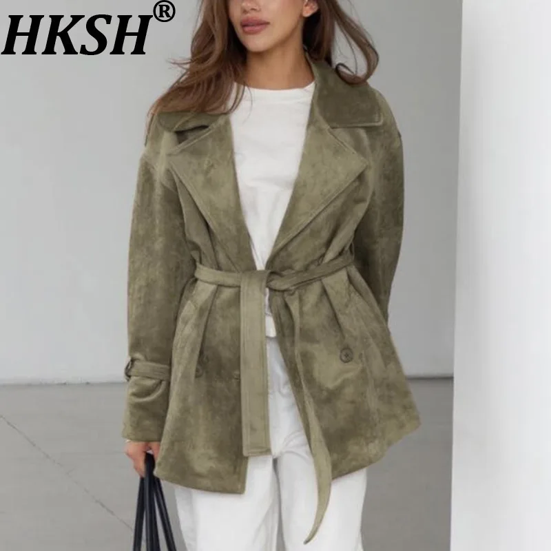 

HKSH Spring Autumn New Women's Jacket Faux Suede Turn-Down Collar Double Breasted Belt Elegant Fashion Vintage Chic Coat HK14205