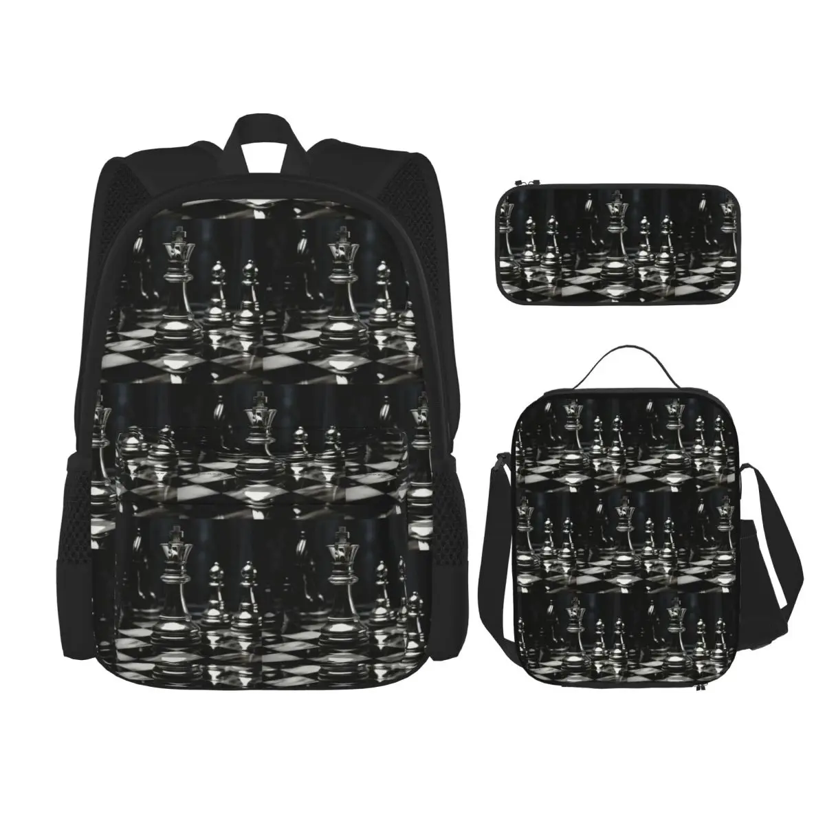 Black King Chess The-chessboard Backpacks Boys Girls Bookbag School Bags Rucksack Lunch Bag Pen Bag Three-Piece Set