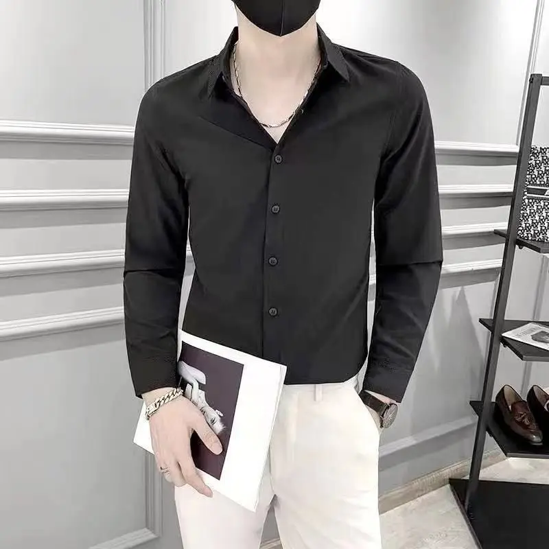 

Spring and Autumn Men's Square Neck Solid Button Open Thread Decoration Slim Fit Casual Fashion Elegant CommuterLong SleeveShirt