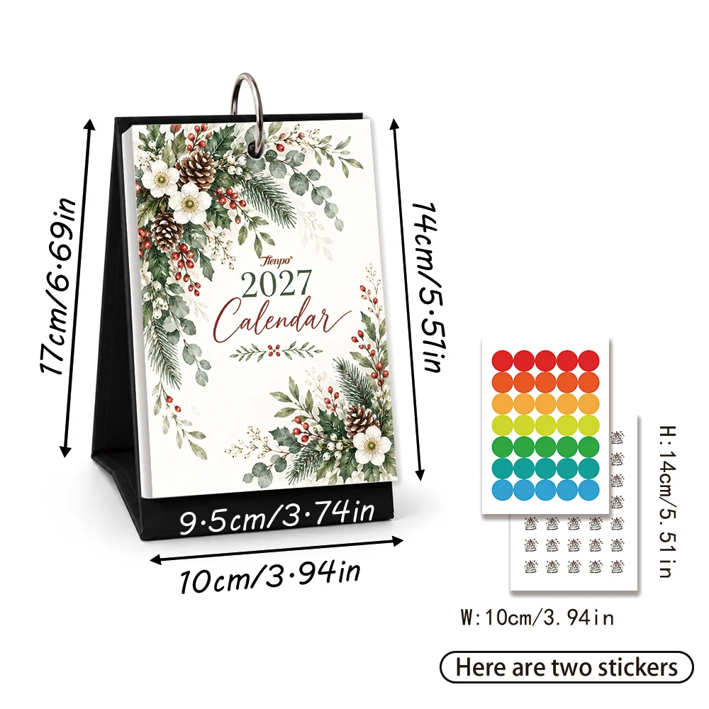 1pc 2027 Custom Photo Desk Calendar, Winter Pinecone Berry Floral Table Calendar with Stickers, Birthday Christmas New Year Gift