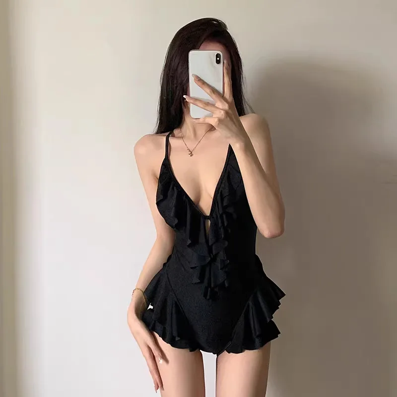 Fashion Sexy Black Deep V Ruffled Beaded One-piece Swimsuit Bikini Strap Backless Padded Cups Skirt Style Bikini