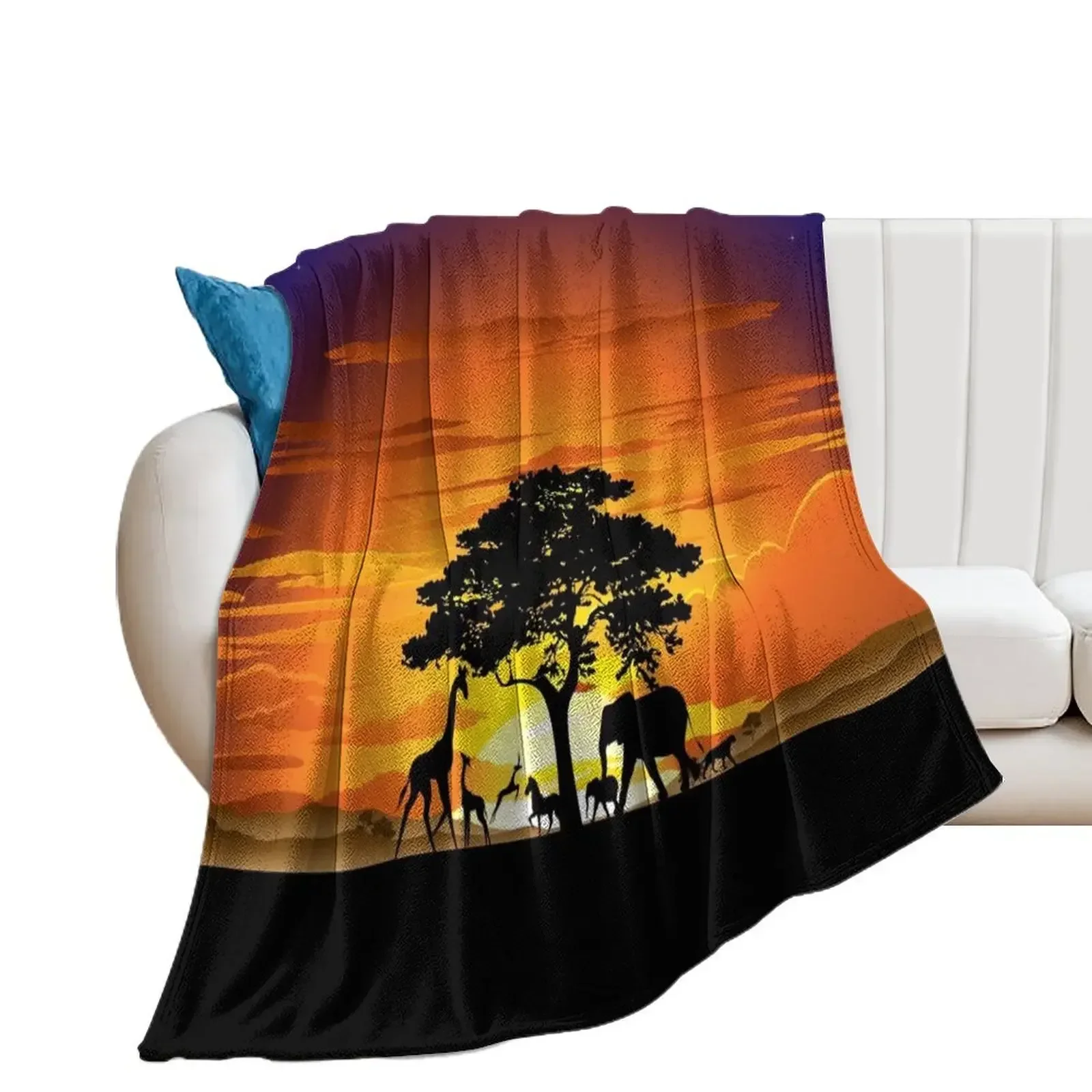 Wild Animals on African Savanna Sunset Throw Blanket Moving Bed covers Blankets