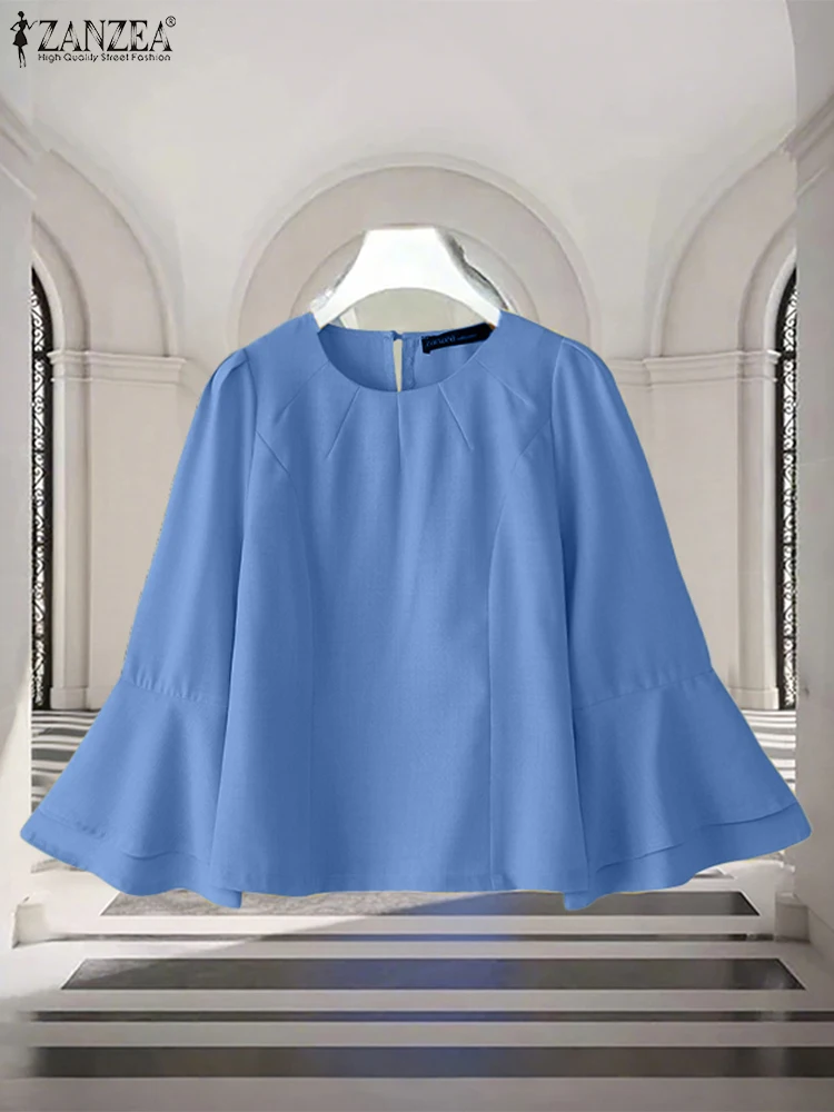 ZANZEA Casual Flare Sleeve Blouse Women Fashion O Neck Blusas Solid Color Loose Tops 2025 Autumn Simple Tunic Oversized Pullover