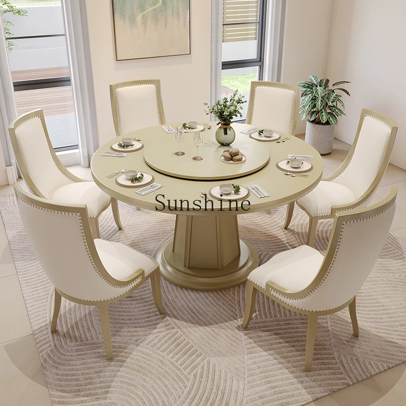 

French light luxury dining table and chair combination modern simplicity with turntable round luxury solid wood home