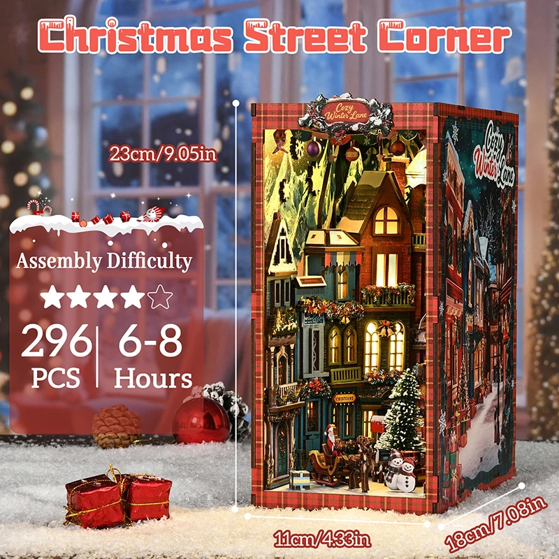 NUOVO libro fai da te Nook kit modello in miniatura in legno fermalibri ad angolo di strada di Natale puzzle 3D con libreria leggera per regali di amici