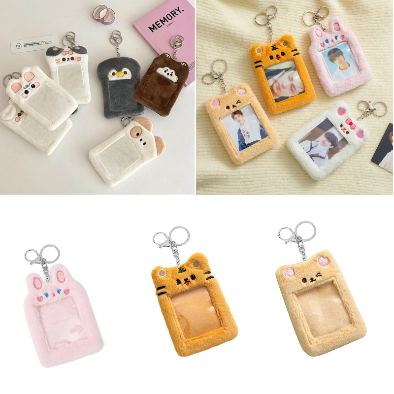 New Sweet Tiger Cat Panda Rabbit Plush Photocard Holder Photo Bus Card Keychains Protective Cover Case Bag Pendant Stationery