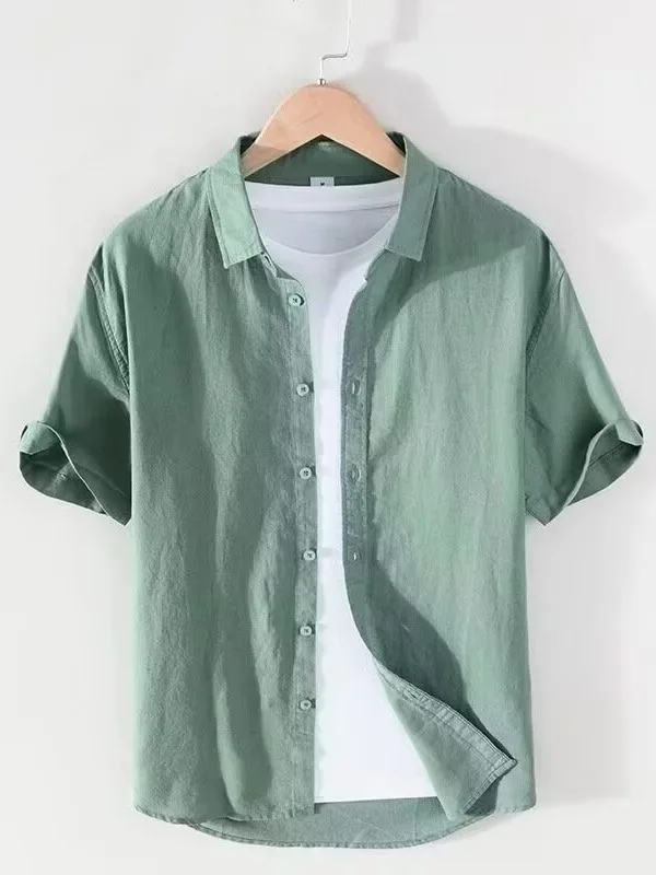 Lightweight Cotton Linen Men's Summer Shirt Loose Casual Half Sleeve Turn-down Collar  Color T-shirt Short Sleeve Breath...
