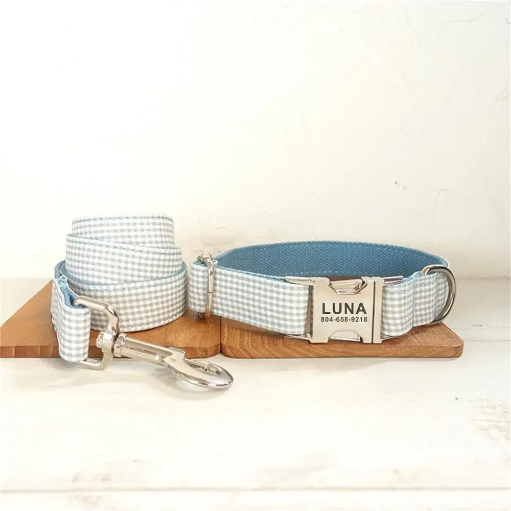 Personalized Dog Collar with Free Engraving, Matching Pet Leash,Customzied Contacts Metal Buckle,Blue White Plaid Puppy Collar