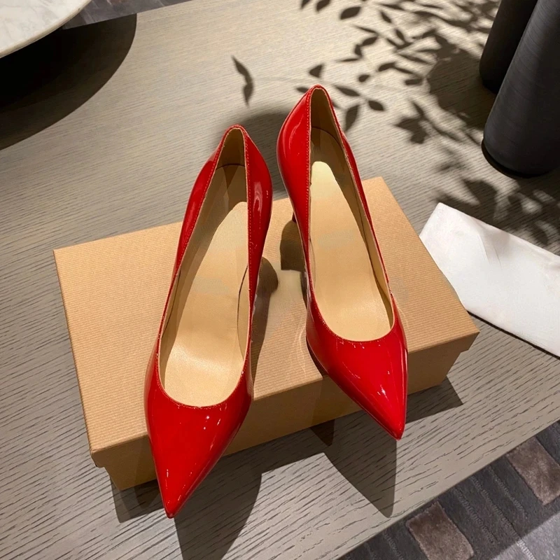 Heelgoo Glossy Red Women Fashion Essential Pointy Toe High Heel Shoes Red for Wedding Simple Plain Stiletto Pumps 12cm 10cm 8cm