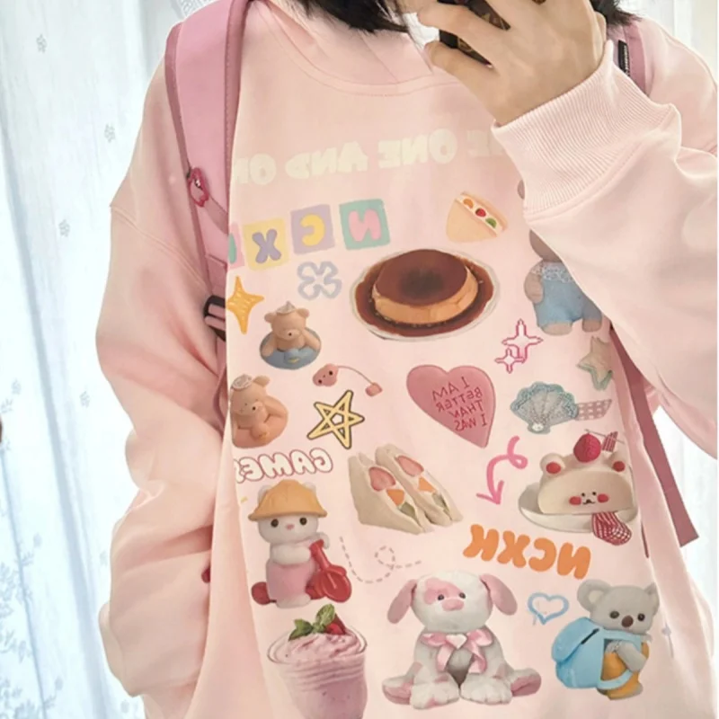 Lolita Style Cute Rabbit Cartoon Printed Hoodie Sweet Pink Anime Sweatshirts Harajuku Preppy Style E-girl Loose Casual Y2K Tops