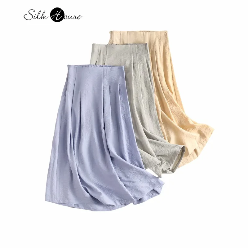 

High Quality Design 76% Natural Mulberry Silk Dry Silk Pleated Elastic Waist Women's Seven Point Big Skirt Pants