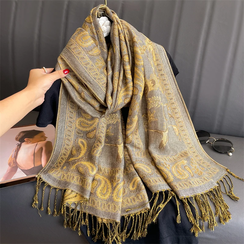 [T099] 1pc Bohemian Fashion Luxury Jacquard Pashmina Scarf Tassel Ladies Hijab Shawl Wrap Winter Suitable Neckerchief