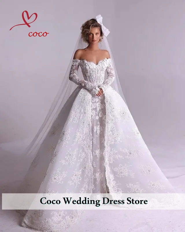 

Роскошное свадебное платье со съемным шлейфом по индивидуальному заказу, 3d цветок с вышивкой бисером, бальное платье русалки с длинным рукавом и вырезом в форме сердца