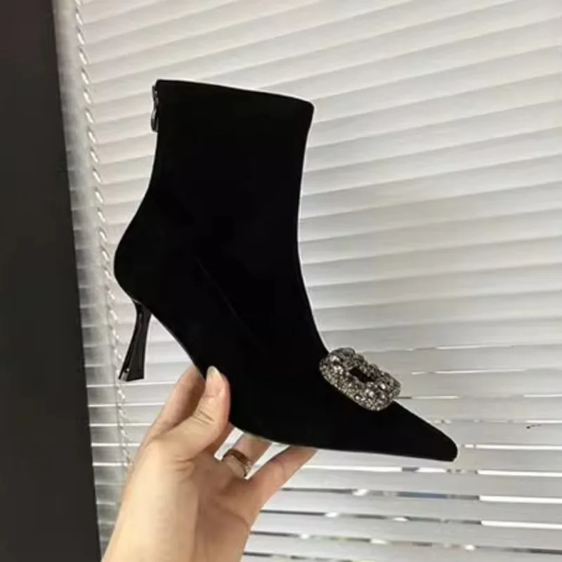 Winter Women Short Boots 2024new Style Luxury Rhinestone Design Stiletto Women Boots Versatile Solid Color Pointed Fashion Boots