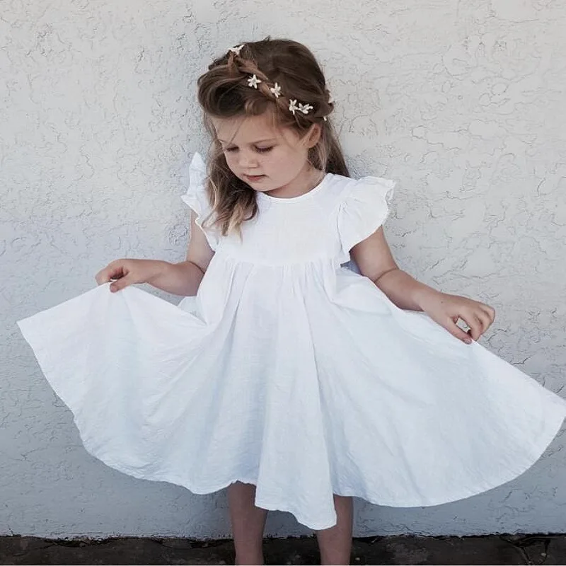 2024 Little Girls Dress Ruffles Sleeve Round Neck Vintage Dress Solid 100%Cotton Linen Casual Dress for Party Toddler Clothes 7T