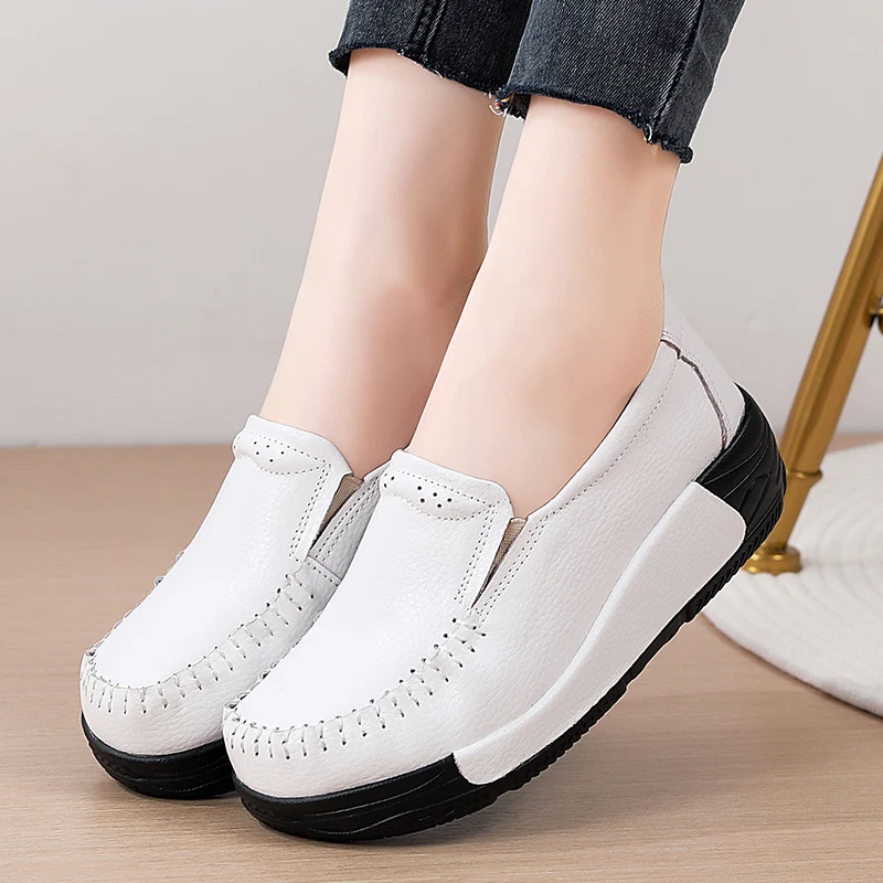 Spring Version Height-Increasing Wedges Casual Shoes Ladies Cushioning Loafers Genuine Leather Platform Shoes Women Thick-Soled