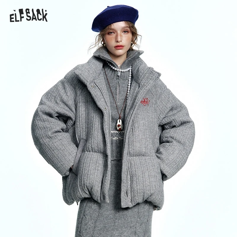ELFSACK 2024 Winter New Arrivals Grey Stand Collar Knitted Warm Short Down Jacket for Women