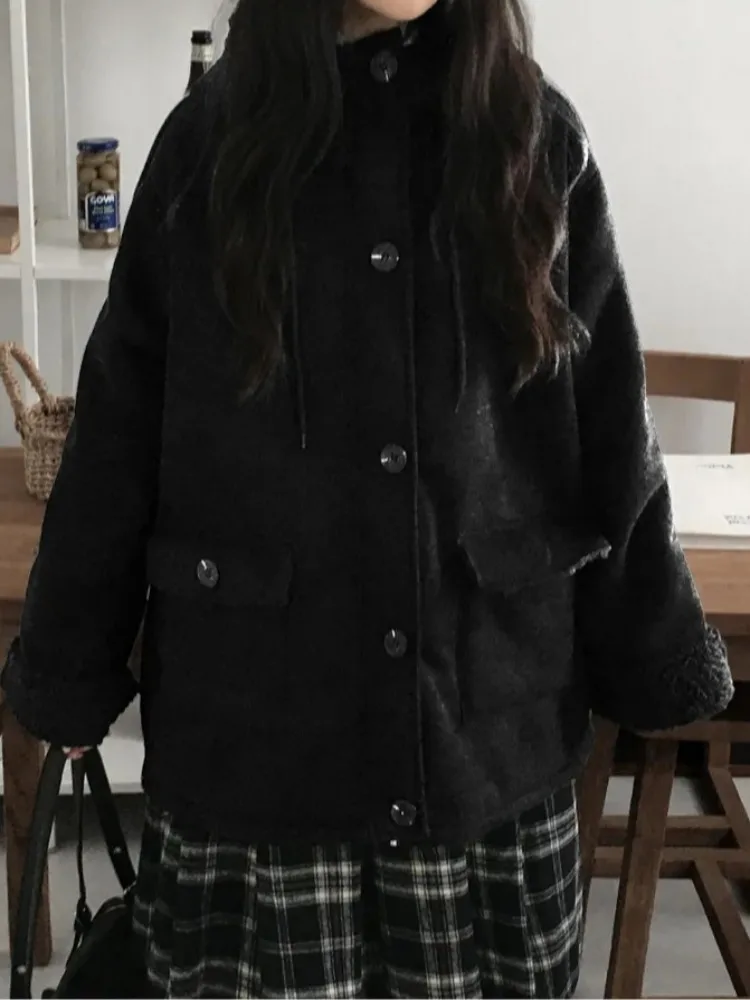 Abrigo de piel de ante Retro con capucha Dstring chaqueta de algodón versátil cálida para mujer primavera Otoño Invierno nueva llegada