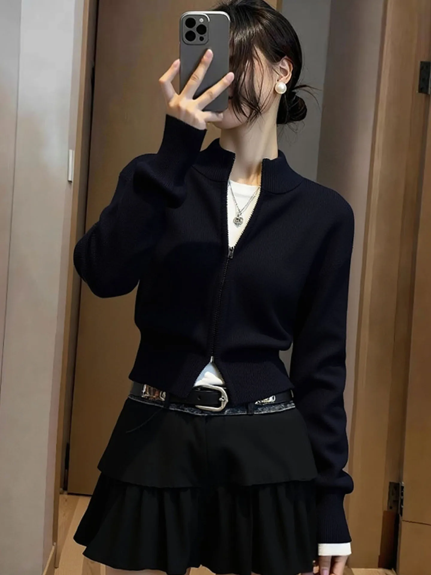 ウィンターティーンエイジスリムフィットジッパーニットウェアロングスリーブカメレオントップス多用途高品質エレガントレディースファッション