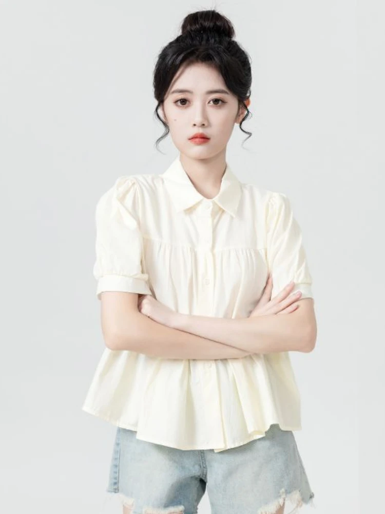 

Shirts Women Summer Daily Simple Lively Cute Tender Fashion Pure Temperament Turn-down Collar Shot Sleeve Schoolgirls Youthful