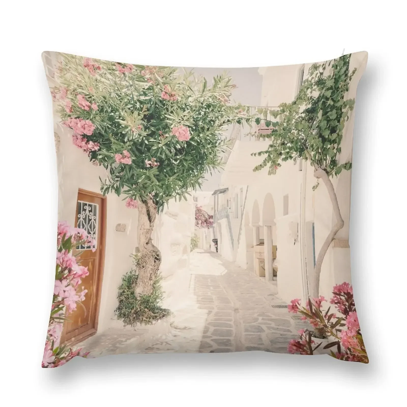 Santorini Greece Mamma Mia Pink Oleander Cottage Wall Art Prints Throw Pillow Couch Pillows Pillow Decor pillow