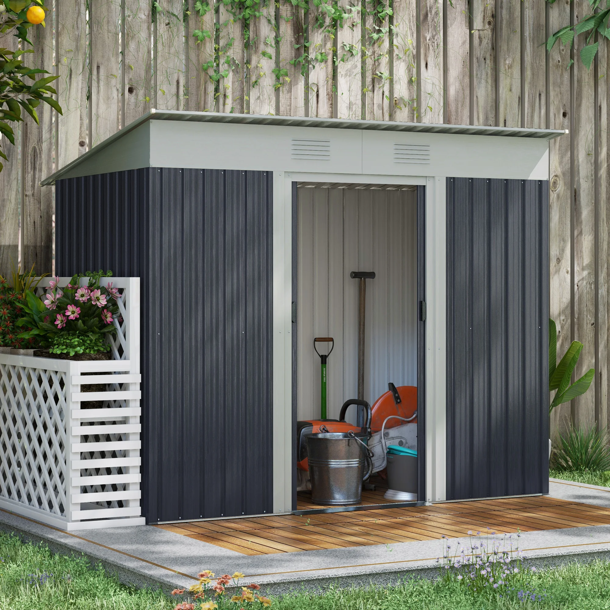 7' X 4' Metal Outdoor Storage Tool Garden Shed W/ 2 Air Vents for Backyard