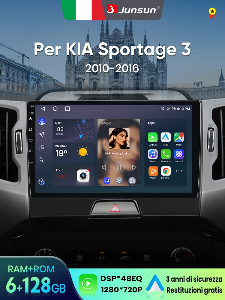 Junsun do Kia Sportage 3 2010-2016 9 Cali 4GB 64GB Android 13 Car Stereo GPS Nawigacja Carplay Radio Samochodowe DSP Bluetooth FM Obsługa Sterowania Kierownicą Wejście USB AUX Gotowy do Kamery Cofania — 2