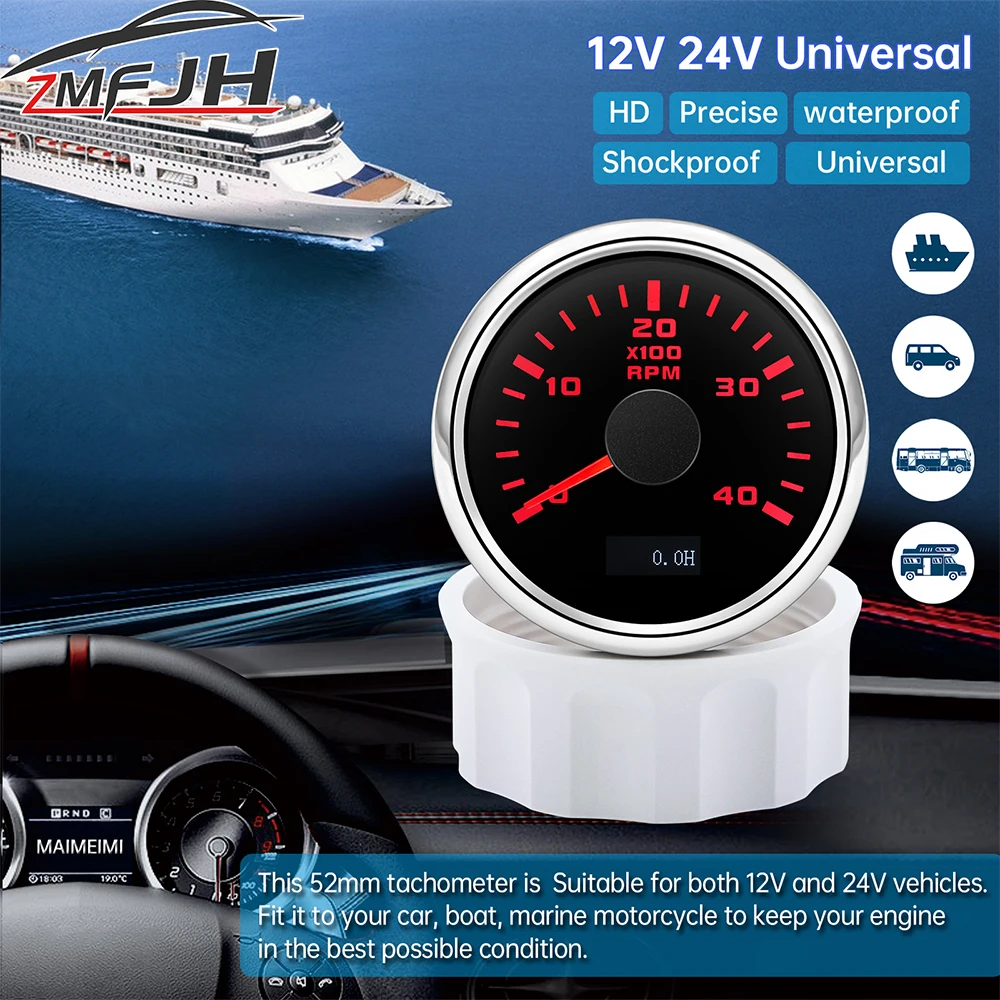 52mm Tachometer 3000/4000/6000/7000/8000 RPM Tacho Meter With Hourmeter For Marine Boat Car Tachometer Red Backlight 12V 24V